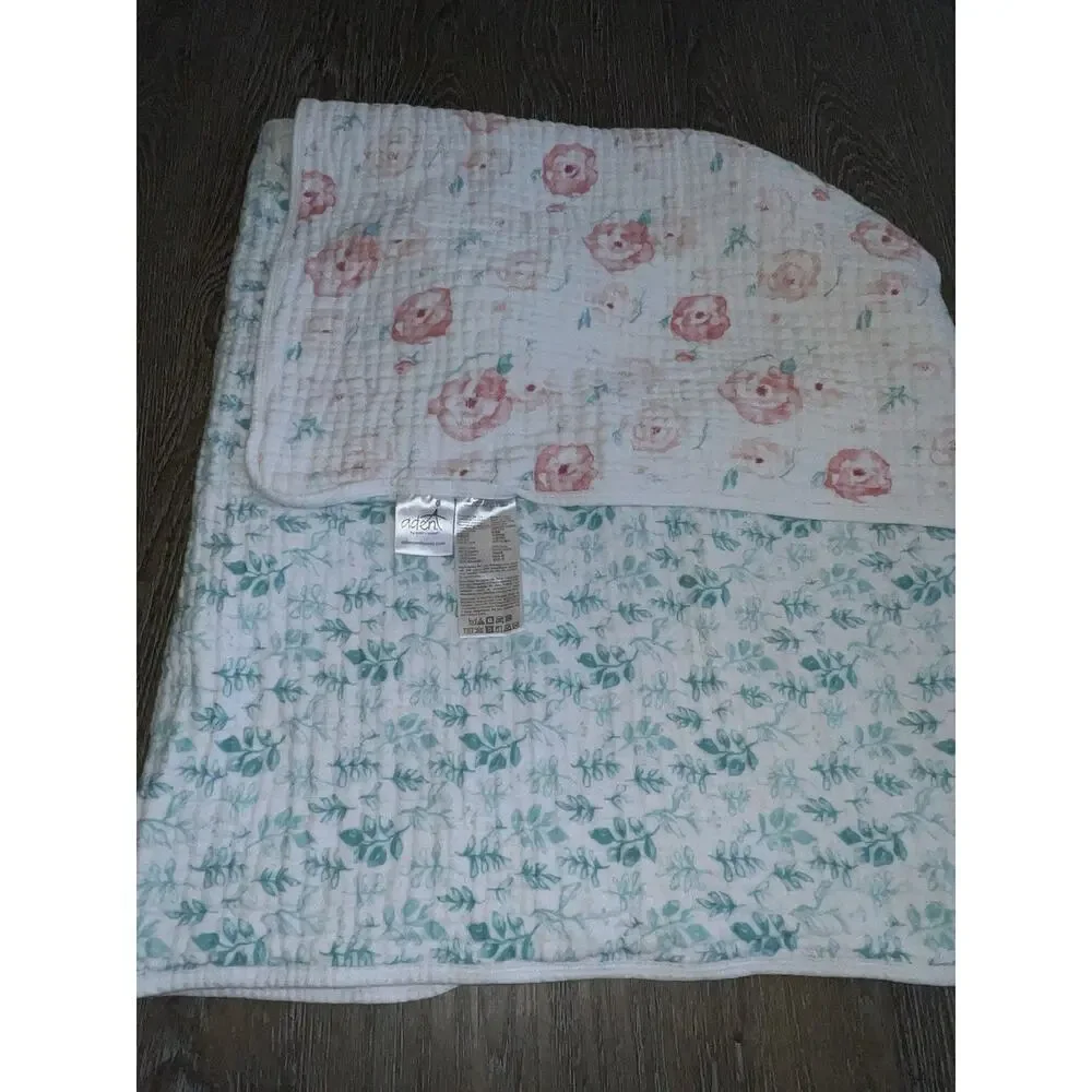 Aden & Anais Pink White Teal Floral Reversible Muslin Cotton 4 Ply Dream Blanket